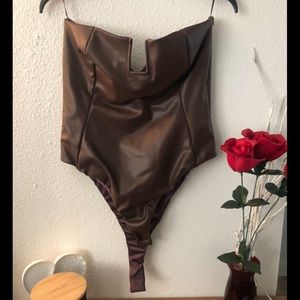 Zara Brown Faux Leather Tube Top Bodysuit Sz XLarge